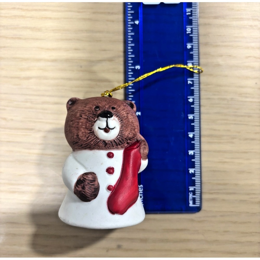 Vintage JASCO Teddy Bear Bell Ornament Taiwan Christmas Ceramic Holiday